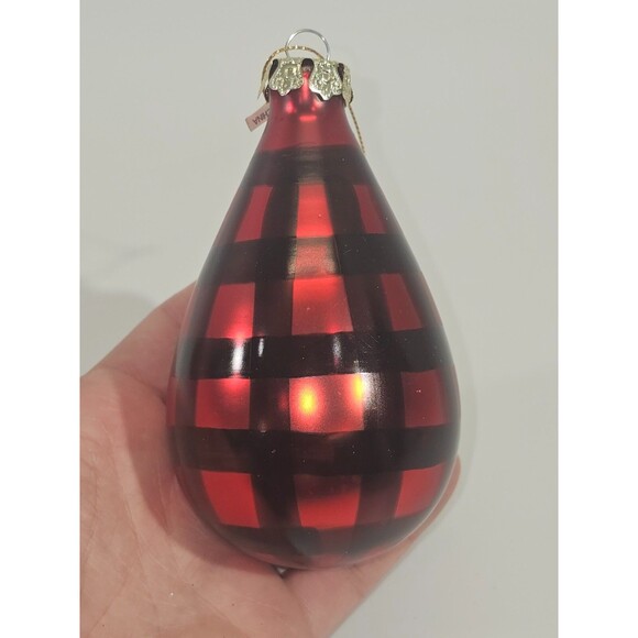 KSD VINTAGE Blown Glass Christmas Ornament Black Red Tear Drop Plaid Checked 5" - Picture 2 of 5
